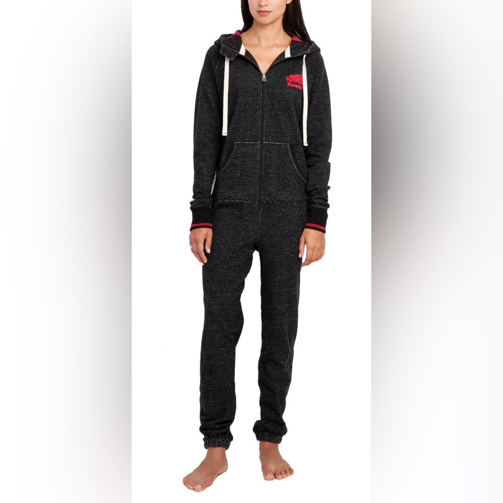 Roots Cabin Onesie Charcoal Hooded Jumpsuit with Red Accents – XS